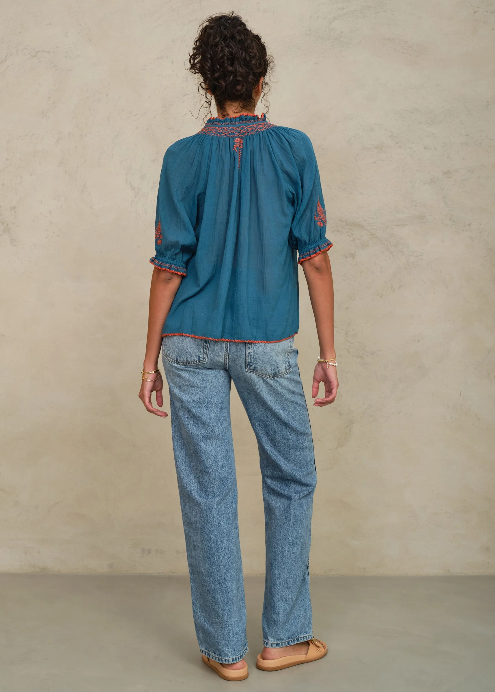 Talia Short Sleeve Top -  Blue/Orange - Image 3