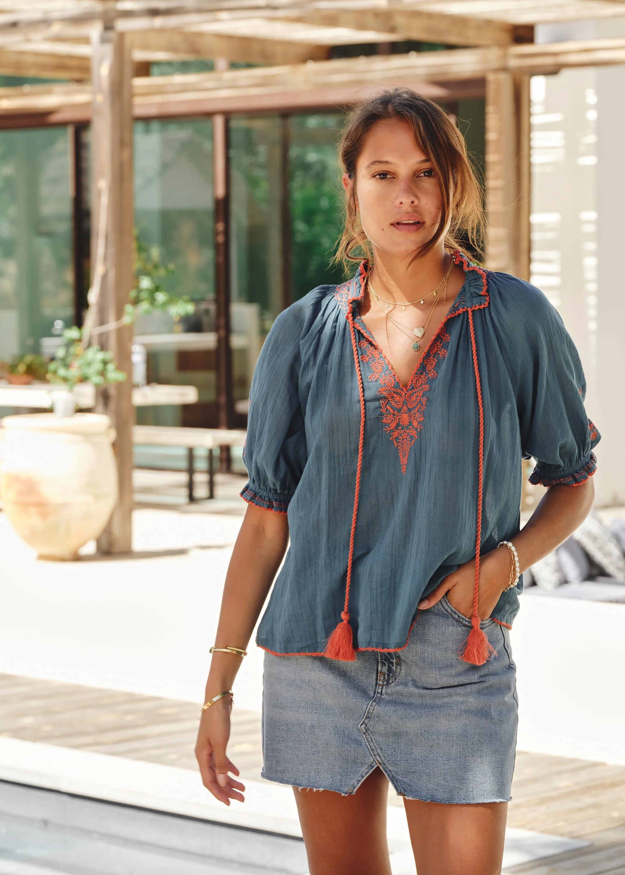 Talia Short Sleeve Top -  Blue/Orange - Image 7